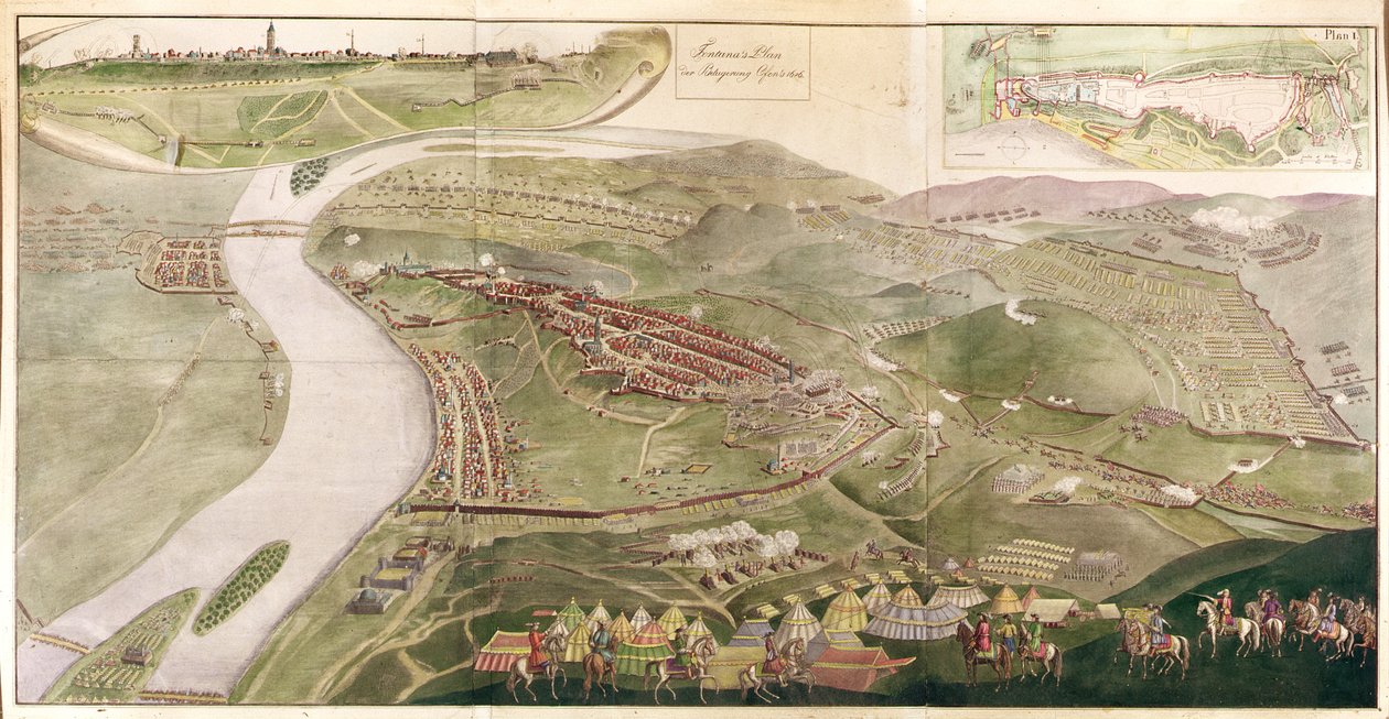 Buda elfoglalását 1686-ban ábrázoló térkép (színes metszet) alkotó: Austrian School