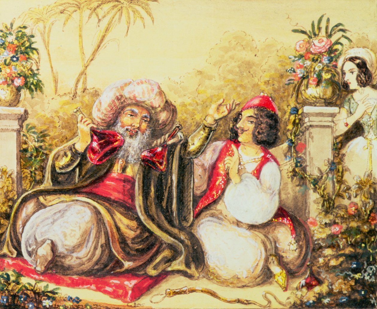 Pedrillo Osminnal piszkál, míg Blonda a háttérben vár, jelenet a II. felvonásból, Wolfgang Amadeus Mozart (1756-91) Az elrablása a szerájból című filmből. alkotó: Austrian School