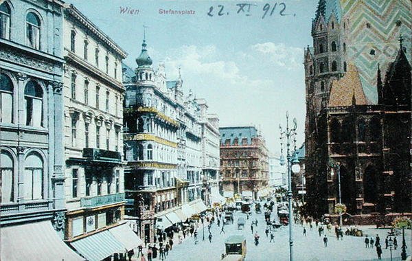 A bécsi Szent István teret és a Szent István-székesegyházat ábrázoló képeslap alkotó: Austrian School