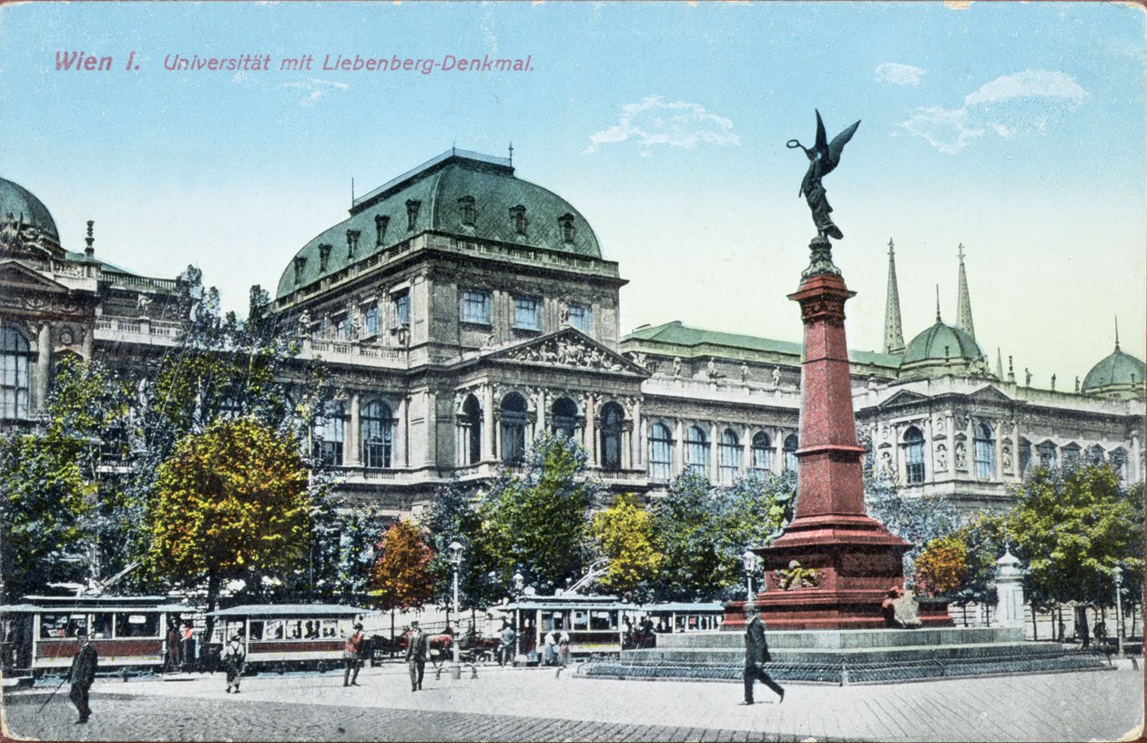 A Bécsi Egyetemet és a Liebenberg-emlékművet ábrázoló képeslap, 1915 körül alkotó: Austrian School