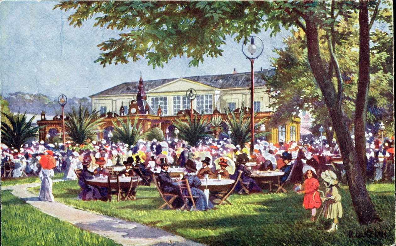 A Meierei-Tivoli kávézó teraszát ábrázoló képeslap, Schonbrunn negyed, Bécs alkotó: Austrian School