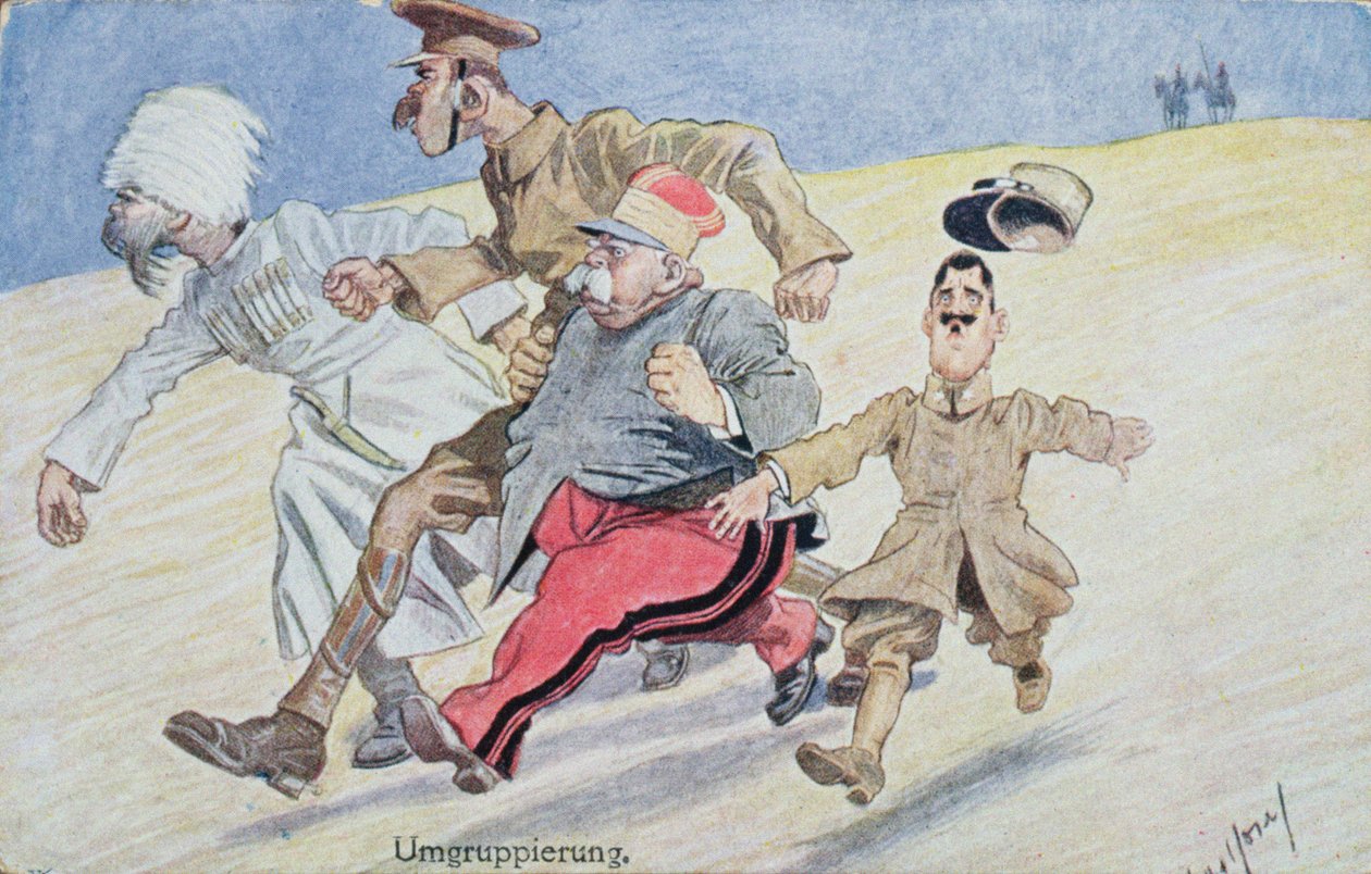 Újracsoportosítás, Oroszország, Nagy-Britannia, Franciaország és Olaszország az osztrákok és a németek elől menekülve a láthatáron, első világháborús képeslap alkotó: Austrian School