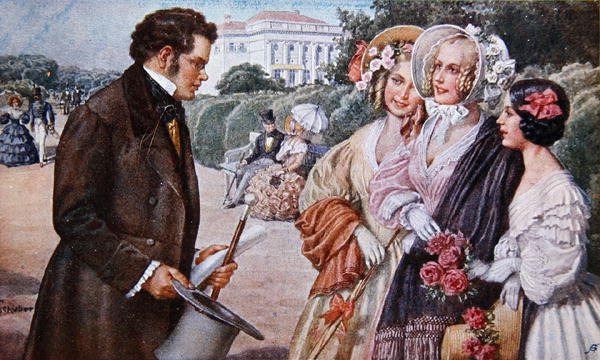 Jelenet a „Das Dreimaederlhaus”-ból („A három lány háza”), amely Schubertet ábrázolja a 3 Tscholl nővérrel alkotó: Austrian School