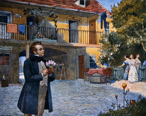 A „Das Dreimaederlhaus” („A három lány háza”) kottaborítója, amely Schubertet ábrázolja a ház előtt, 1916 körül (színes litó) alkotó: Austrian School