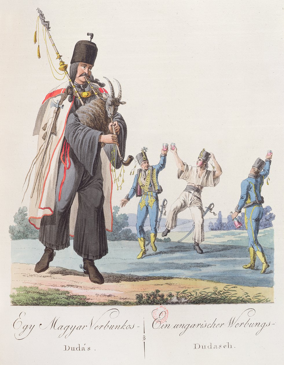 Toborzótáncot játszó magyar ezred katonái, illusztráció a Costumes de Hongrie című könyvből, Bécsben, 1810 alkotó: Austrian School
