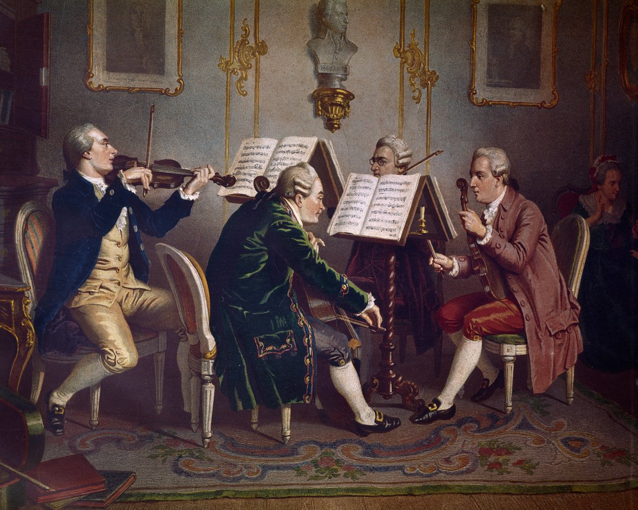 Vonósnégyes Mozart művét játszik (Kamarazene) (Litográfia alkotó: Austrian School