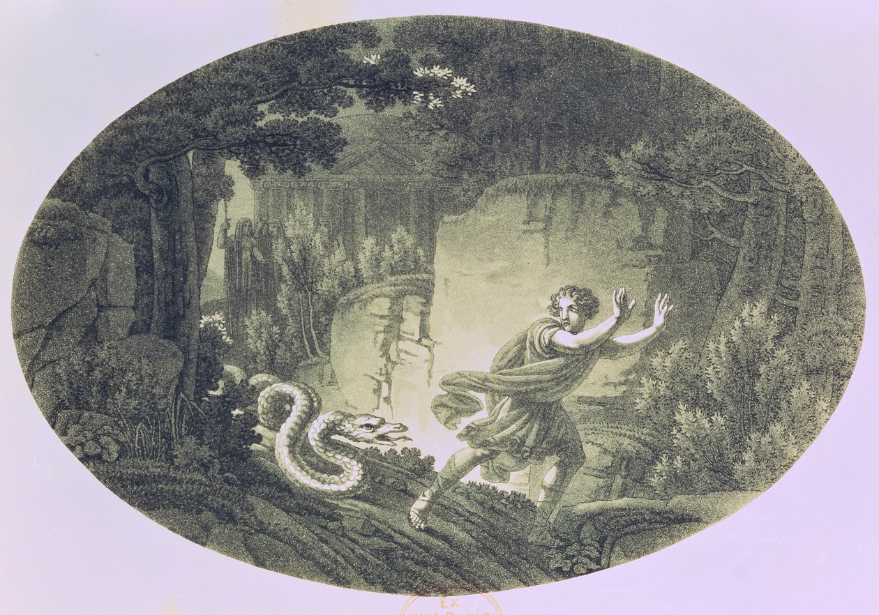 Tamino egy óriási kígyó által üldözve, Wolfgang Amadeus Mozart (1756-91) „A varázsfuvola” I. felvonása (metszet) alkotó: Austrian School