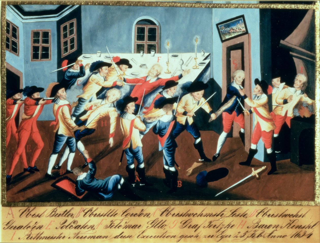 Albrecht von Wallenstein (1583-1634) egri letartóztatása ír és skót tisztekből álló csapat által Butler tábornok parancsnoksága alatt alkotó: Austrian School