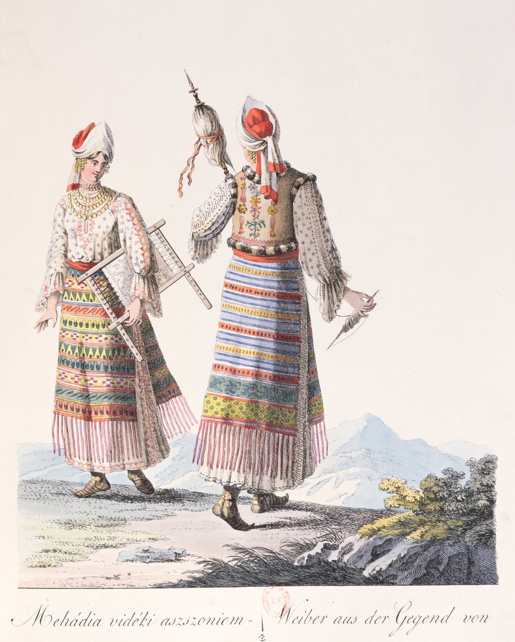 Nők hagyományos ruhában a Mehadia régióból, illusztráció a Costumes de Hongrie könyvéből, J.H. de Bikkesy, 1810 (színes metszet) alkotó: Austrian School