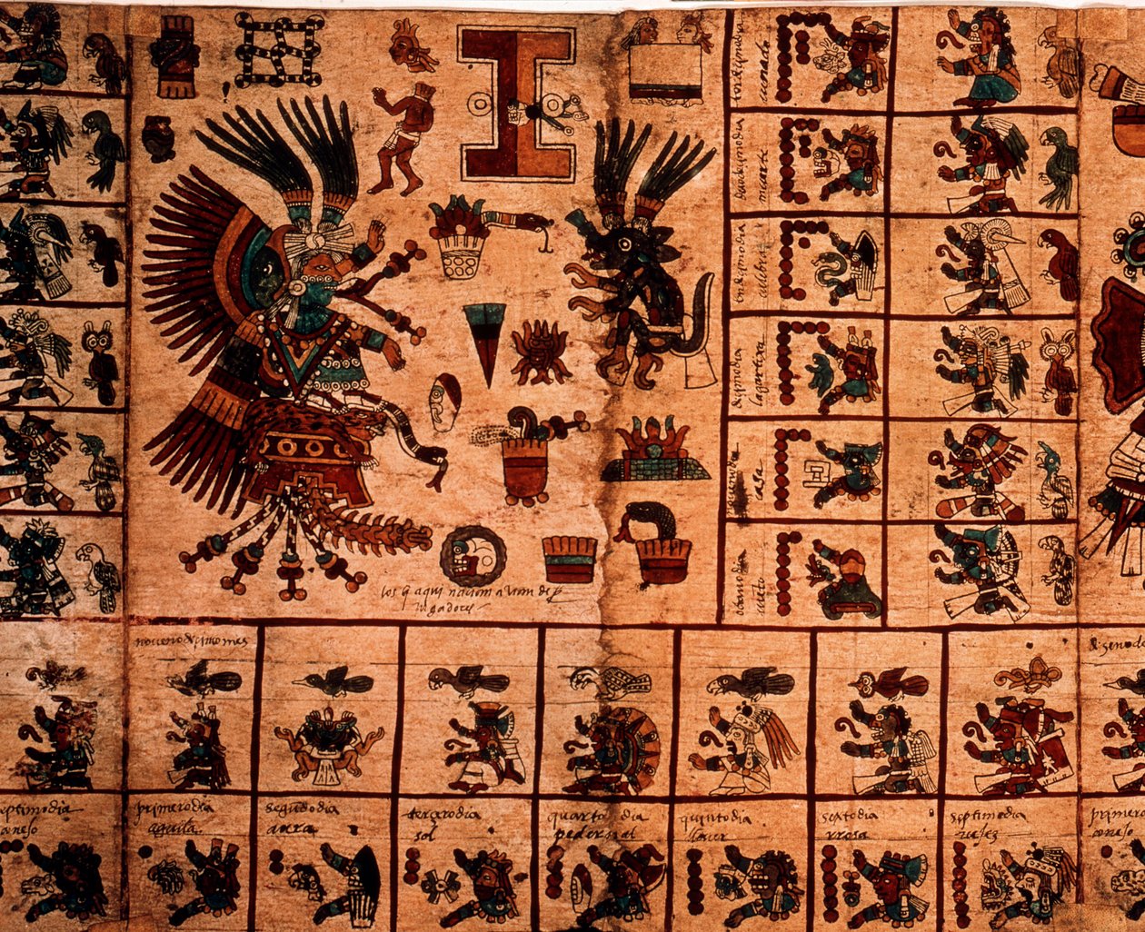 Azték istenségek és a naptárnak megfelelő dobozok ábrázolása. Az azték kéreg kéziratának oldala „Codex Borbonicus”, Közép-Mexikó prekolumbiai őslakos kódexe, 15. század vége. Nemzetgyűlés könyvtára (Palais Bourbon). alkotó: Aztec