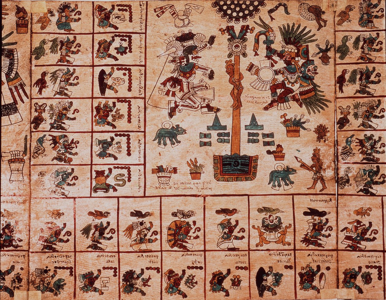 Azték istenségek és a naptárnak megfelelő dobozok ábrázolása. Az azték kéreg kéziratának oldala „Codex Borbonicus”, Közép-Mexikó prekolumbiai őslakos kódexe, 15. század vége. Nemzetgyűlés könyvtára (Palais Bourbon). alkotó: Aztec