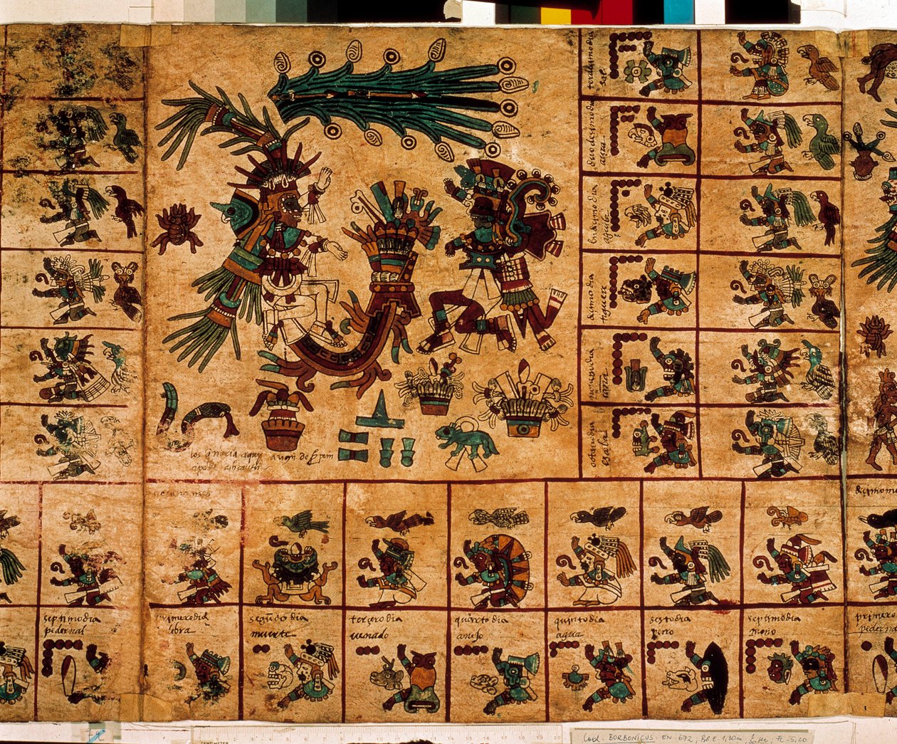 Azték istenségek és a naptárnak megfelelő dobozok ábrázolása. Az azték kéreg kéziratának oldala „Codex Borbonicus”, Közép-Mexikó prekolumbiai őslakos kódexe, 15. század vége. Nemzetgyűlés könyvtára (Palais Bourbon). alkotó: Aztec
