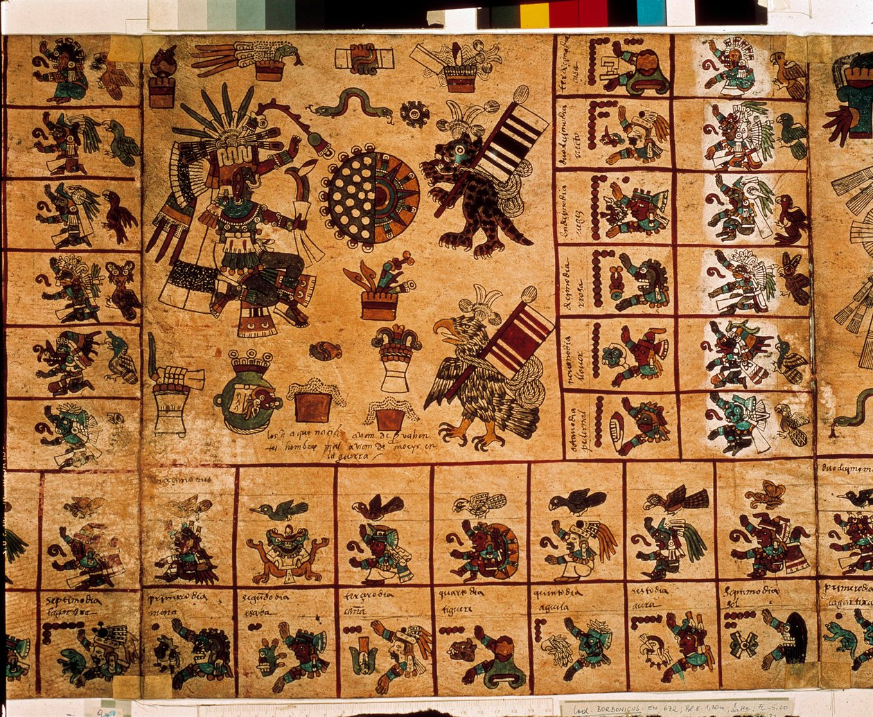 Azték istenségek és a naptárnak megfelelő dobozok ábrázolása. Az azték kéreg kéziratának oldala „Codex Borbonicus”, Közép-Mexikó prekolumbiai őslakos kódexe, 15. század vége. Nemzetgyűlés könyvtára (Palais Bourbon). alkotó: Aztec