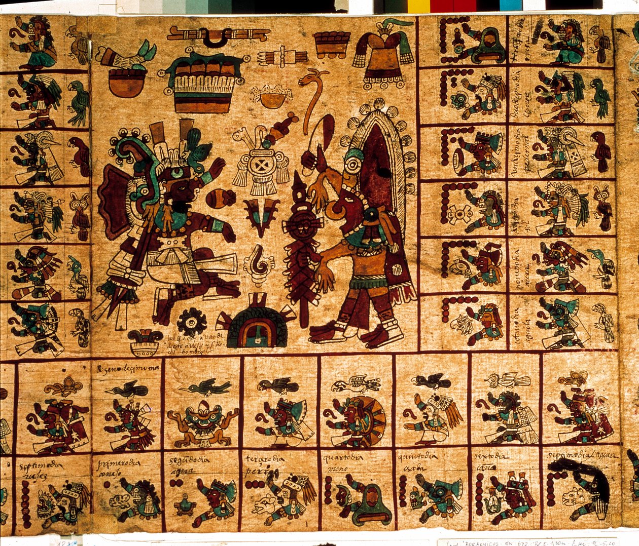 Azték istenségek és a naptárnak megfelelő dobozok ábrázolása. Az azték kéreg kéziratának oldala „Codex Borbonicus”, Közép-Mexikó prekolumbiai őslakos kódexe, 15. század vége. Nemzetgyűlés könyvtára (Palais Bourbon). alkotó: Aztec