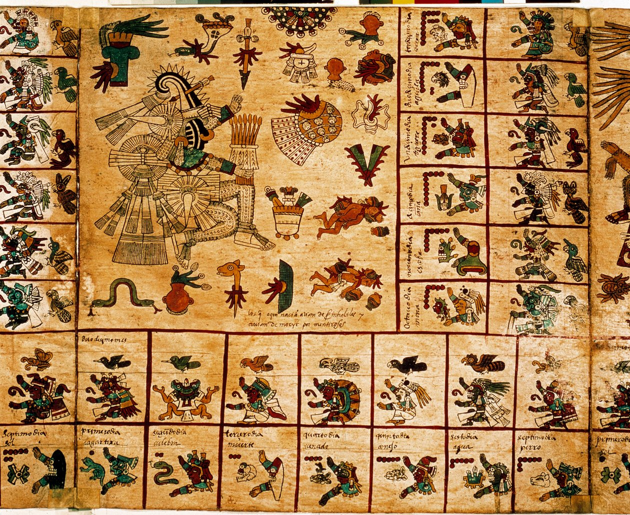 Azték istenségek és a naptárnak megfelelő dobozok ábrázolása. Az azték kéreg kéziratának oldala „Codex Borbonicus”, Közép-Mexikó prekolumbiai őslakos kódexe, 15. század vége. Nemzetgyűlés könyvtára (Palais Bourbon). alkotó: Aztec