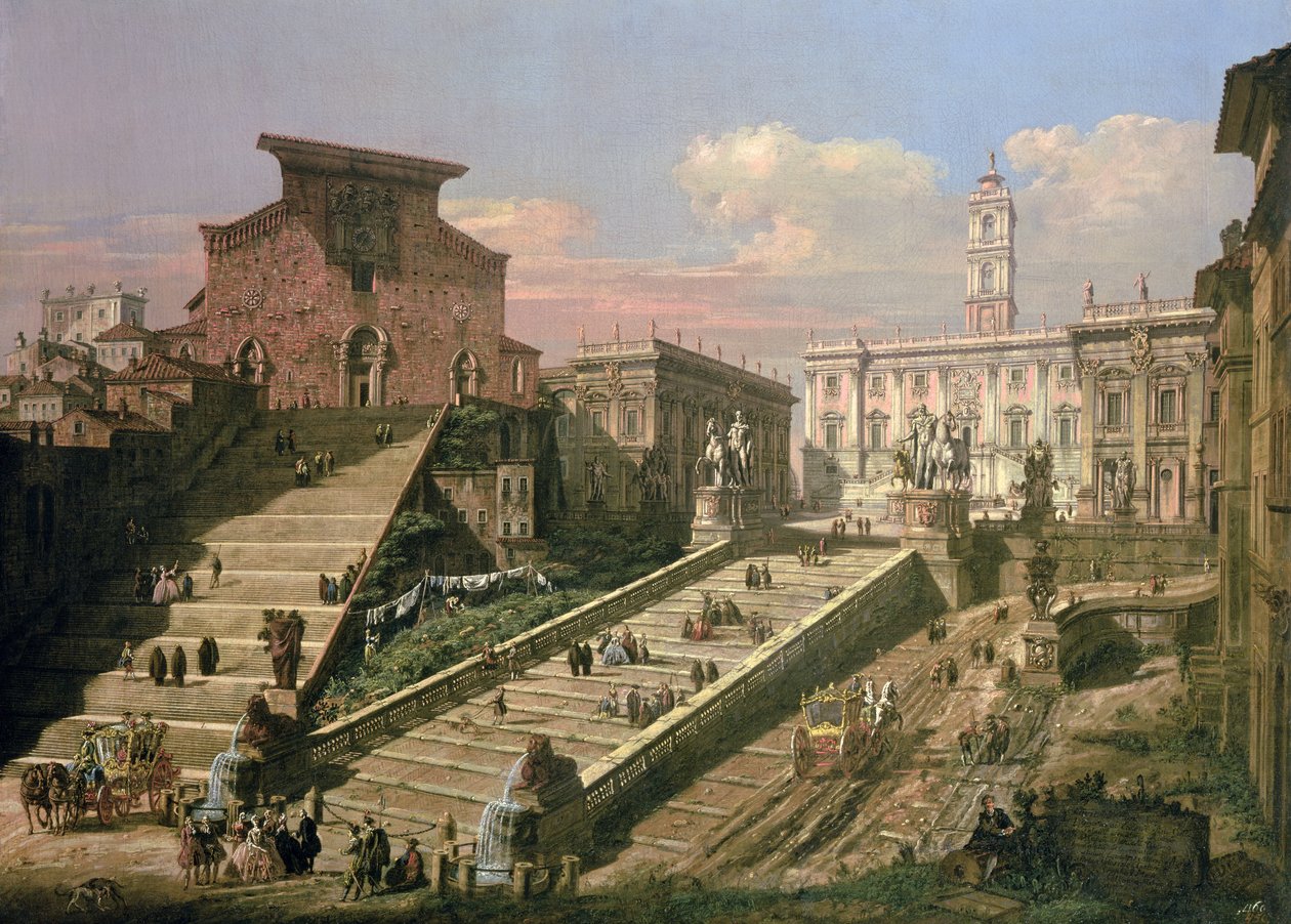 A Piazza del Campidoglio és a S. Mario dAracoeli templom, Róma alkotó: B. and Bellotto, L. Bellotto