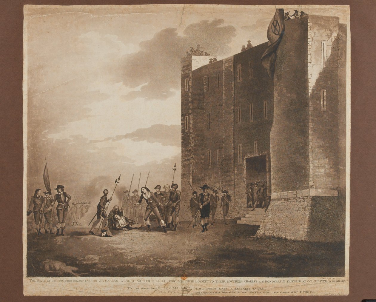 Sir Charles Lucus (kb. 1612-1648), Sir George Lisle (megh. 1648) halála, 1648. augusztus 28., metszet: F. Jukes, kiadva 1748-ban (színes akvatinta) alkotó: B. Strutt