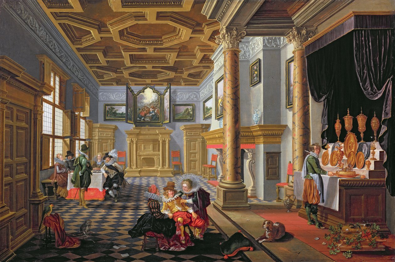 Elegáns figurák vacsoráznak egy udvari belső térben alkotó: B. van and Velde, E. van de Bassen