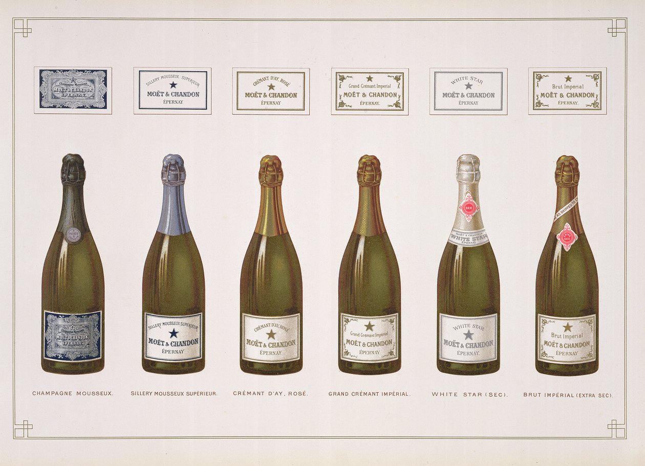 Pezsgő- és pezsgőfajták, a La France Vinicole kocsmából. írta: Moet & Chandon, Epernay alkotó: B. Arnaud