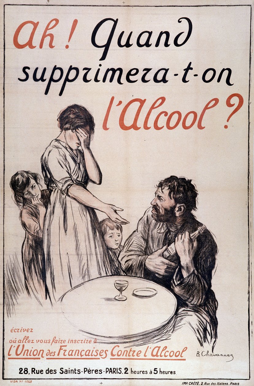 Alkoholizmus: "Mikor távolítják el az alkoholt?" c. 1910 (litográfia) alkotó: B. Chavannaz