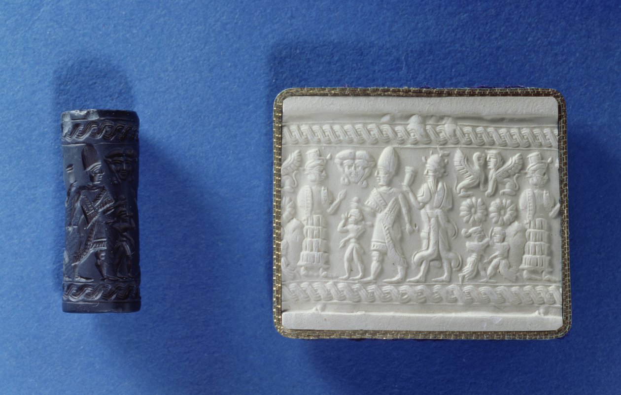 Hengerpecsét és lenyomat, feltehetően babilóniai, Kr.e. 18. század (faragott kő és gipsz) alkotó: Babylonian