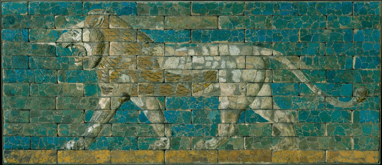 Panel lépegető oroszlánnal, Kr.e. 600-575 (mázas kerámia) alkotó: Babylonian