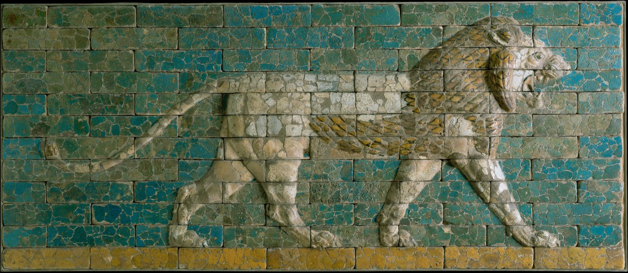 Panel lépegető oroszlánnal, Kr.e. 600-575 (mázas kerámia) alkotó: Babylonian
