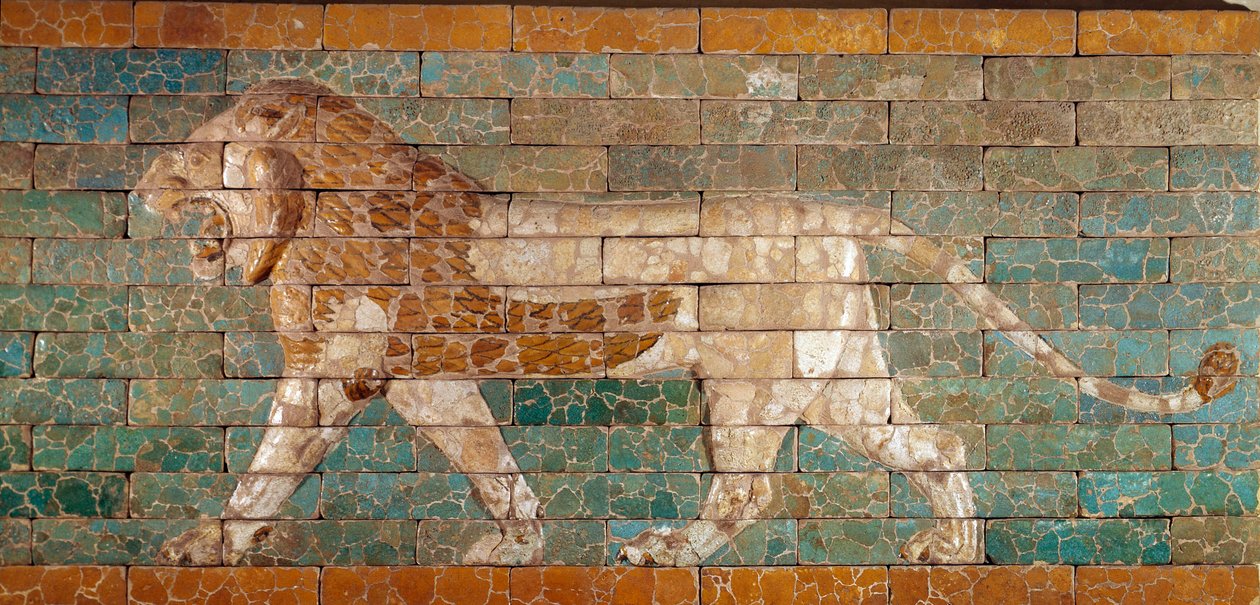 A Babilon Erigee körmenete II. Nabukodonozor (i. e. 605-562) uralma alatt: az Istar-kapu részlete, amely egy tégla mozaik-oroszlánt ábrázol. Babilon, Irak. Párizs. Louvre múzeum alkotó: Babylonian