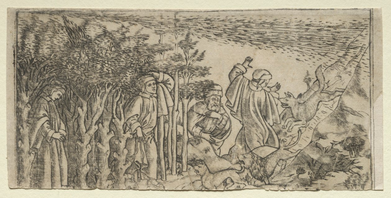 Dante Elveszett az erdőben: Menekülés és találkozás Vergiliussal, I. ének, 1481. alkotó: Baccio Baldini