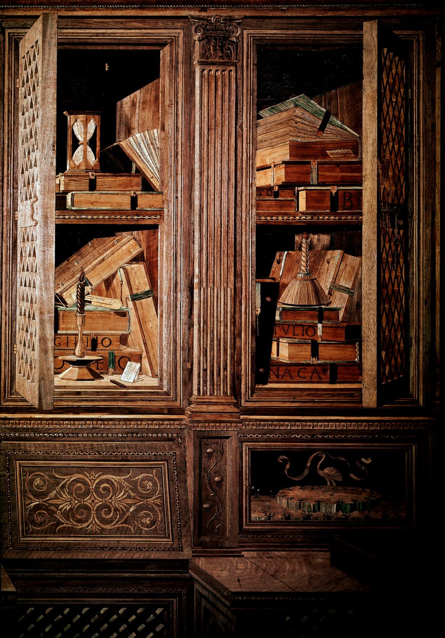 III. Frigyes montefeltre-i herceg stúdiólója, Urbino (Urbino) hercege, olaszul Federico III da Montefeltro (1422-1482). Részlet, fából készült mozaik legno, Baccio Pontelli (1450-92) rajzai Mariano dei Filipepi dit Sandro rajzai alapján alkotó: Baccio Pontelli