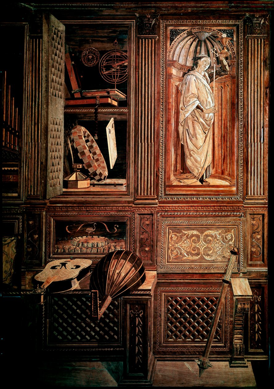 III. Frigyes montefeltre-i herceg stúdiólója, Urbino (Urbino) hercege, olaszul Federico III da Montefeltro (1422-1482). Részlet egy mazzocchio ábrázolásával. Legno fa mozaik, díszlécek Baccio Pontelli (1450-92) rajzai alapján alkotó: Baccio Pontelli
