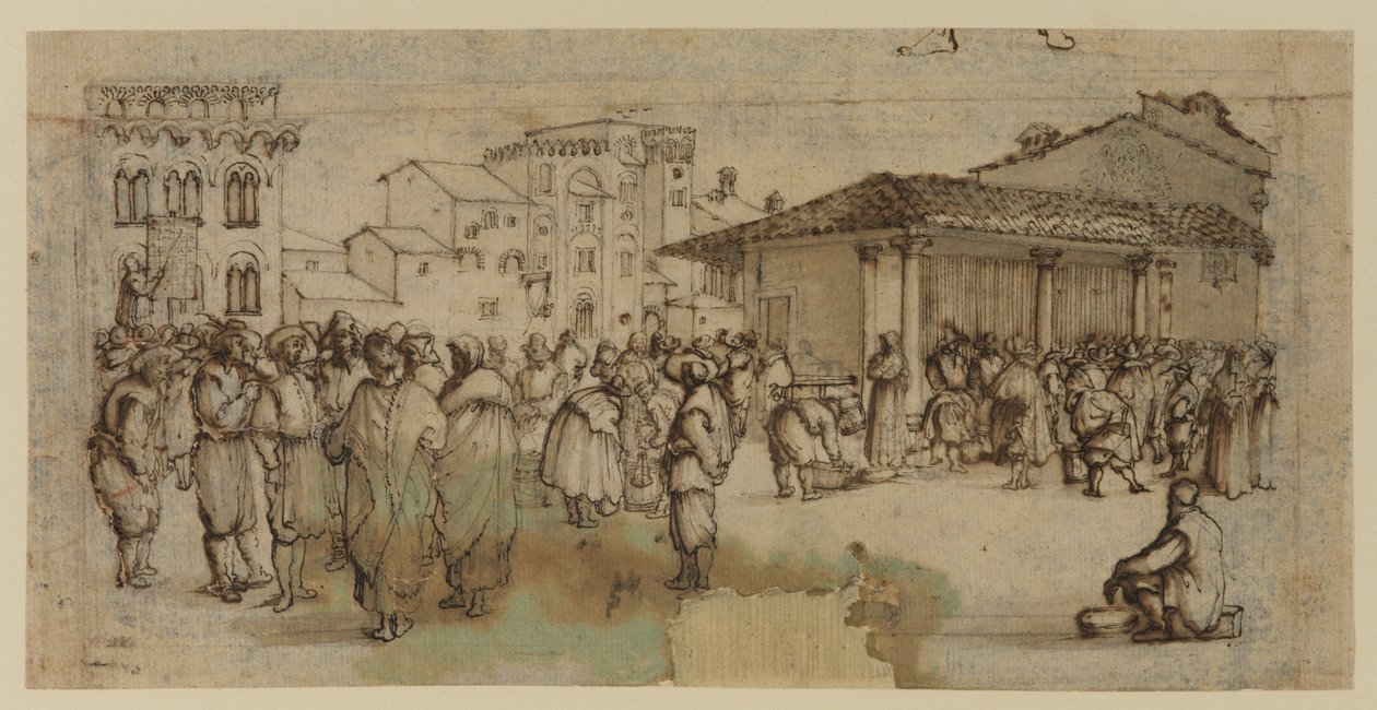 Firenzei piactér figurákkal (kréta, toll és tinta, valamint papírra mosás) alkotó: Baccio del Bianco