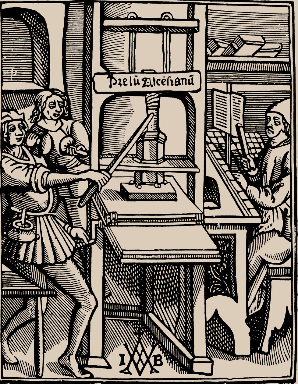 Prelum Ascensianum: nyomtató készülék a nyomdával a munkahelyen, 1508. alkotó: Badius