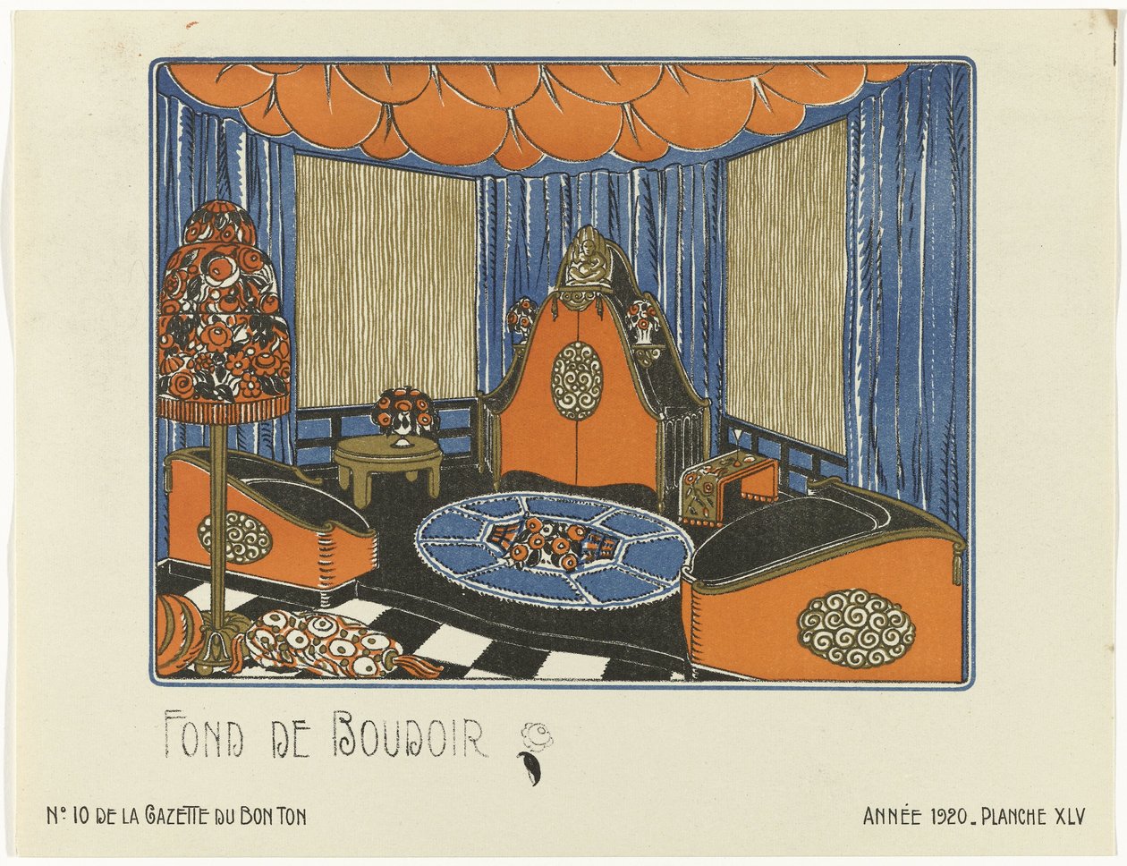 Gazette du Bon Ton, 1920 - No. 10, Pl. XLV: Fond de Boudoir (cím a tárgyon) alkotó: Bagge and Huguet