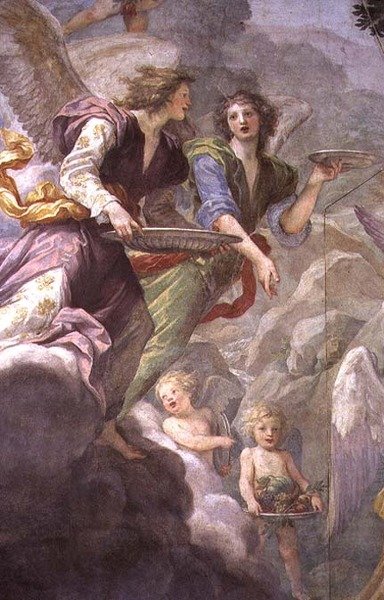Krisztust angyalok szolgálják, angyalok és kerubok részlete alkotó: Baldassare  Franceschini