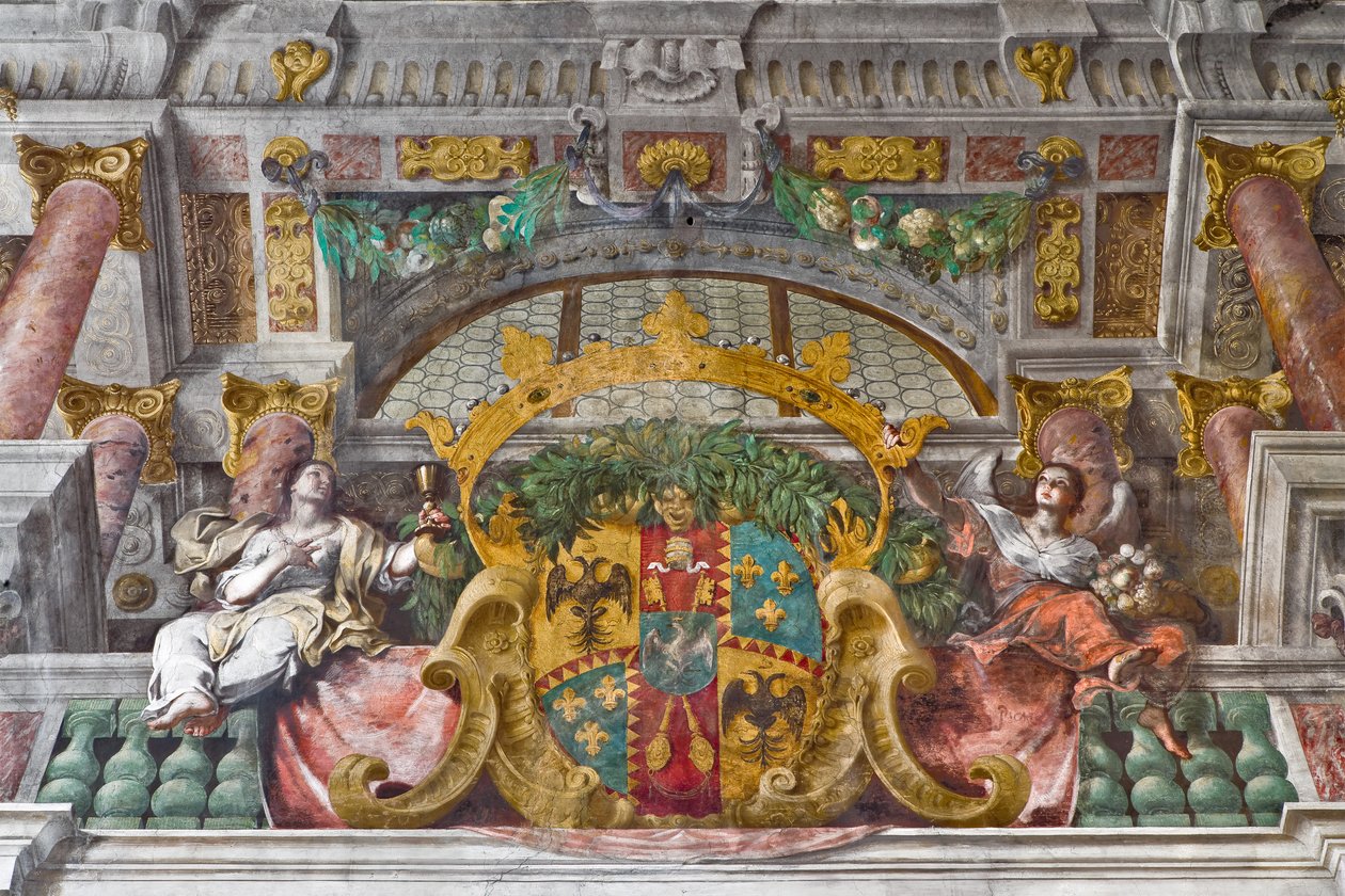 Részlet a díszítés párkányával és allegorikus alakjaival, Szent Ferenc-templom, Sassuolo, Olaszország alkotó: Baldassarre & Monti Giovanni Giacomo (1620 92) Bianchi