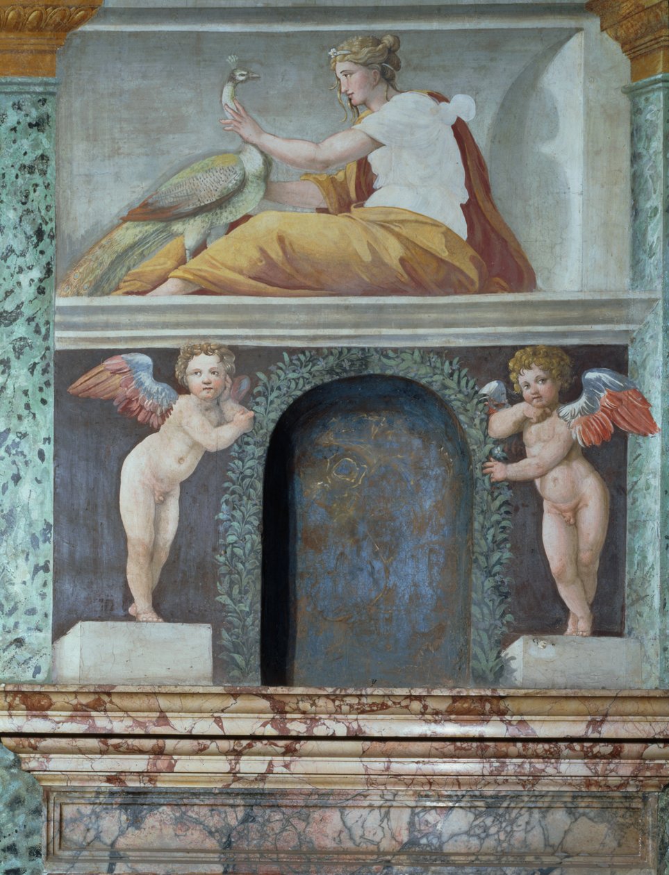 A Sala delle Prospettive Hall of Perspective részlete a trompe loeil fülkéből, amely Juno istennőt pávával ábrázolja, 1518-19-es freskó alkotó: Baldassarre Peruzzi