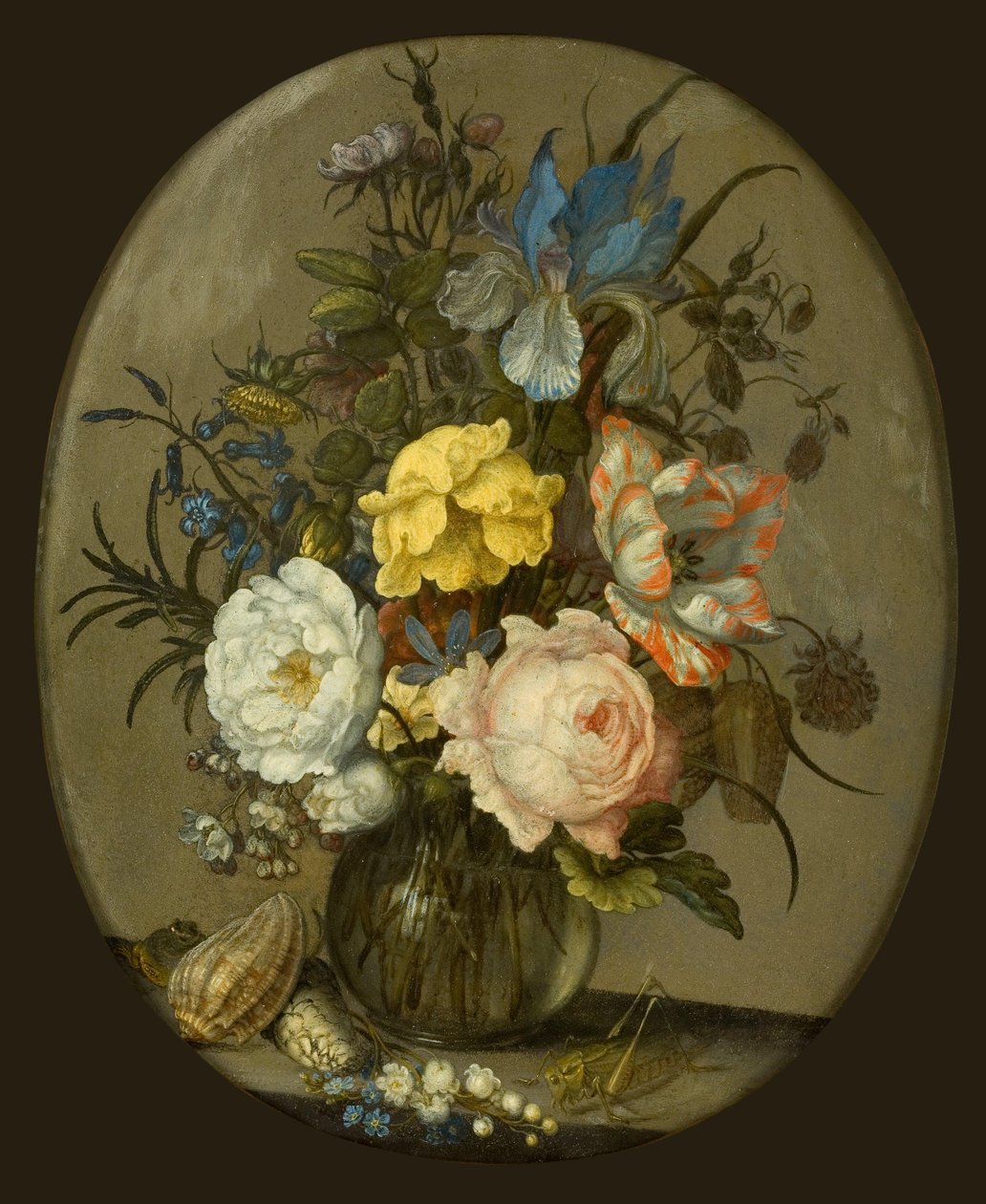 Virágok üvegvázában, mellette kagyló és egy rovar alkotó: Balthasar van der Ast