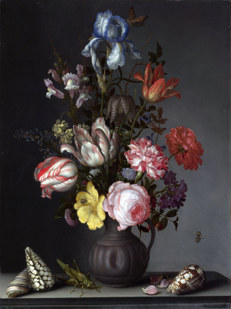 Virágok vázában kagylóval és rovarokkal alkotó: Balthasar van der Ast