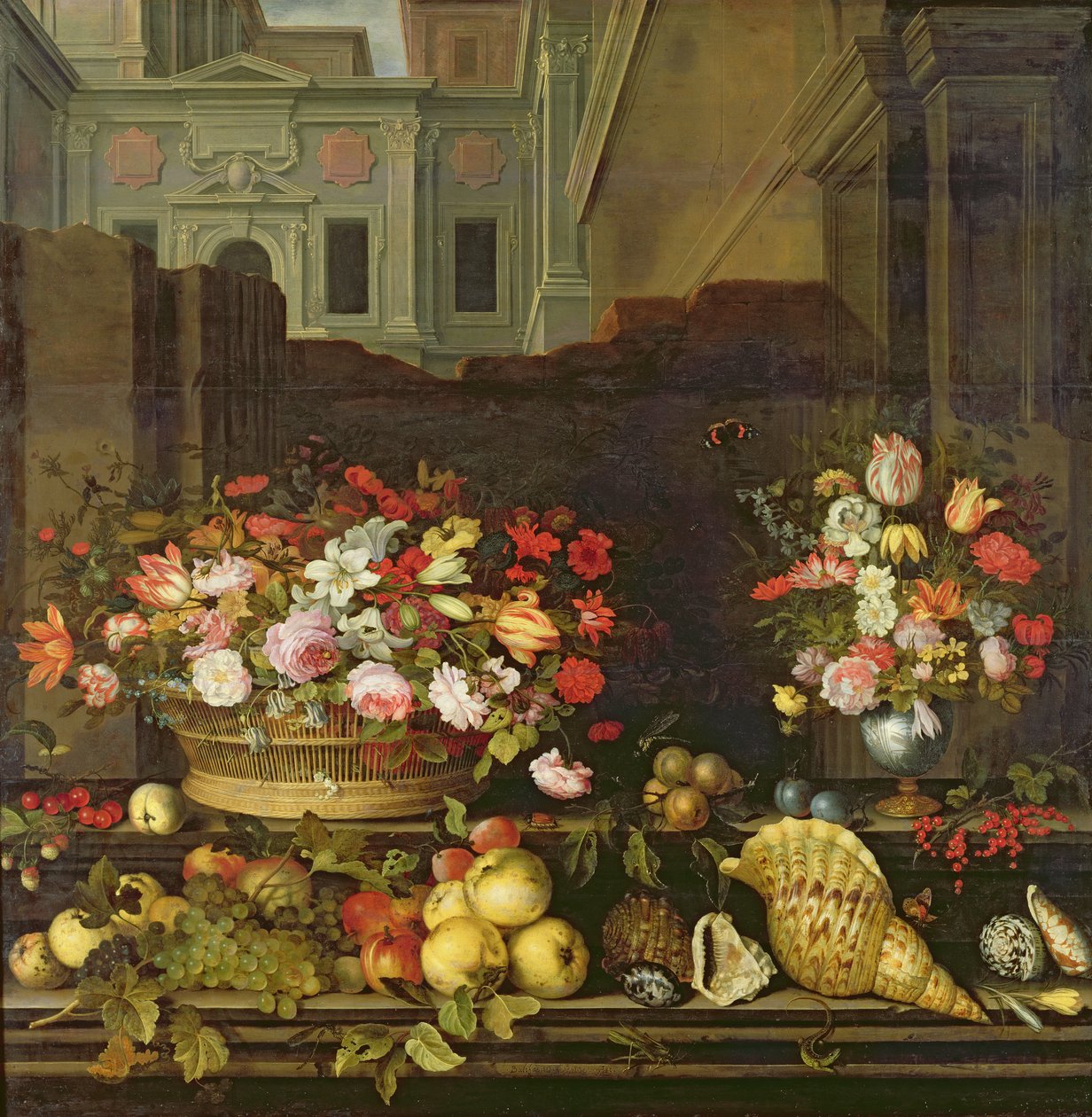 Csendélet virágokkal, gyümölcsökkel és kagylókkal alkotó: Balthasar van der Ast