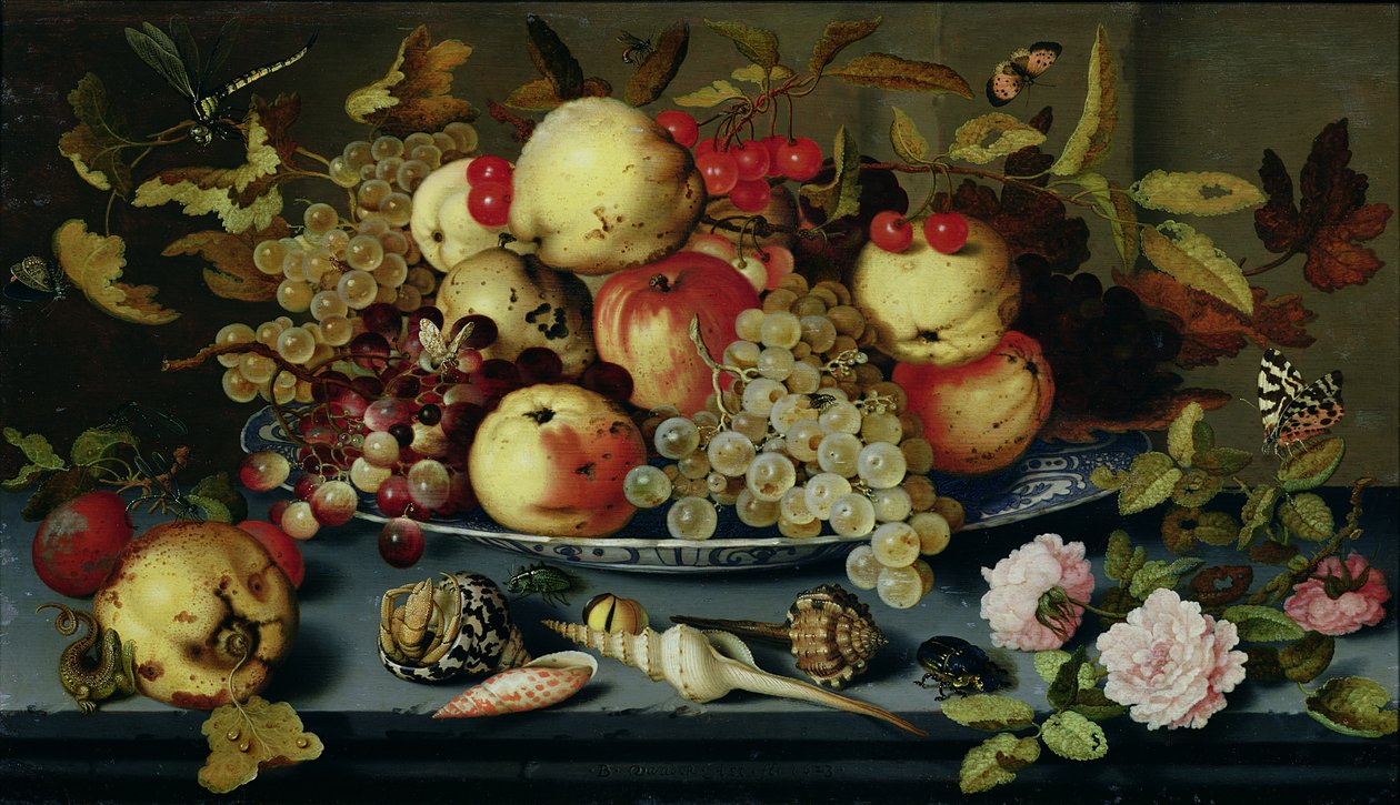 Csendélet gyümölcsökkel, virágokkal és tenger gyümölcseivel alkotó: Balthasar van der Ast