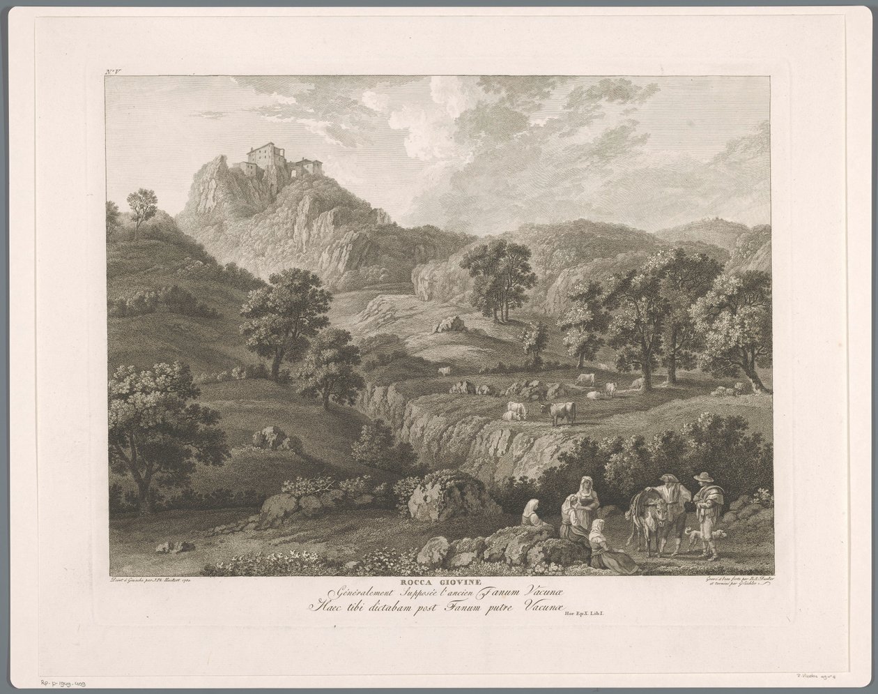 Roccagiovine kilátása Rocca Giovine (cím a tárgyon) Suite de VI vues des Environs de Rome (...) (sorozat címe) alkotó: Balthasar Anton Dunker