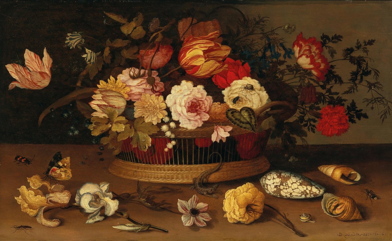 Fonott kosár virágokkal és kagylókkal a kőpárkányon. alkotó: Balthasar van der Ast