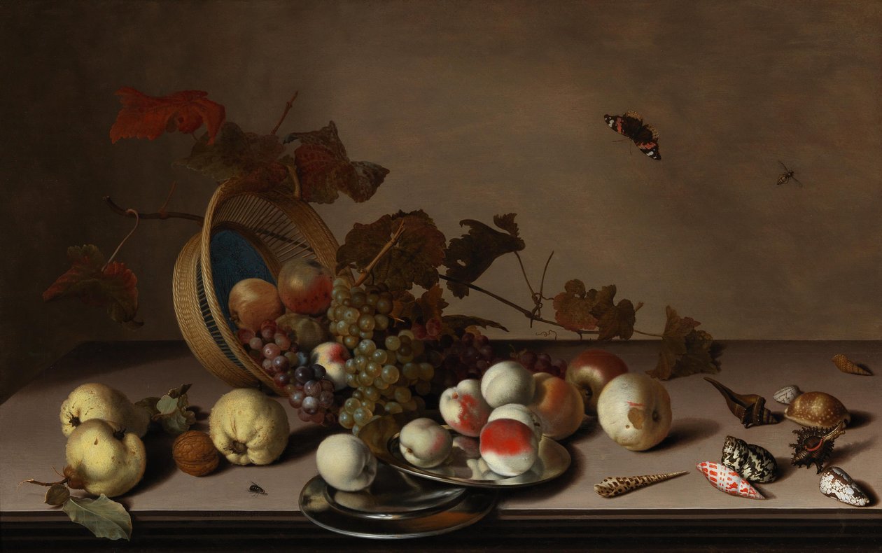 Gyümölcscsendélet fonott kosárral, kagylóval és pillangóval, 17. század első fele. alkotó: Balthasar van der Ast
