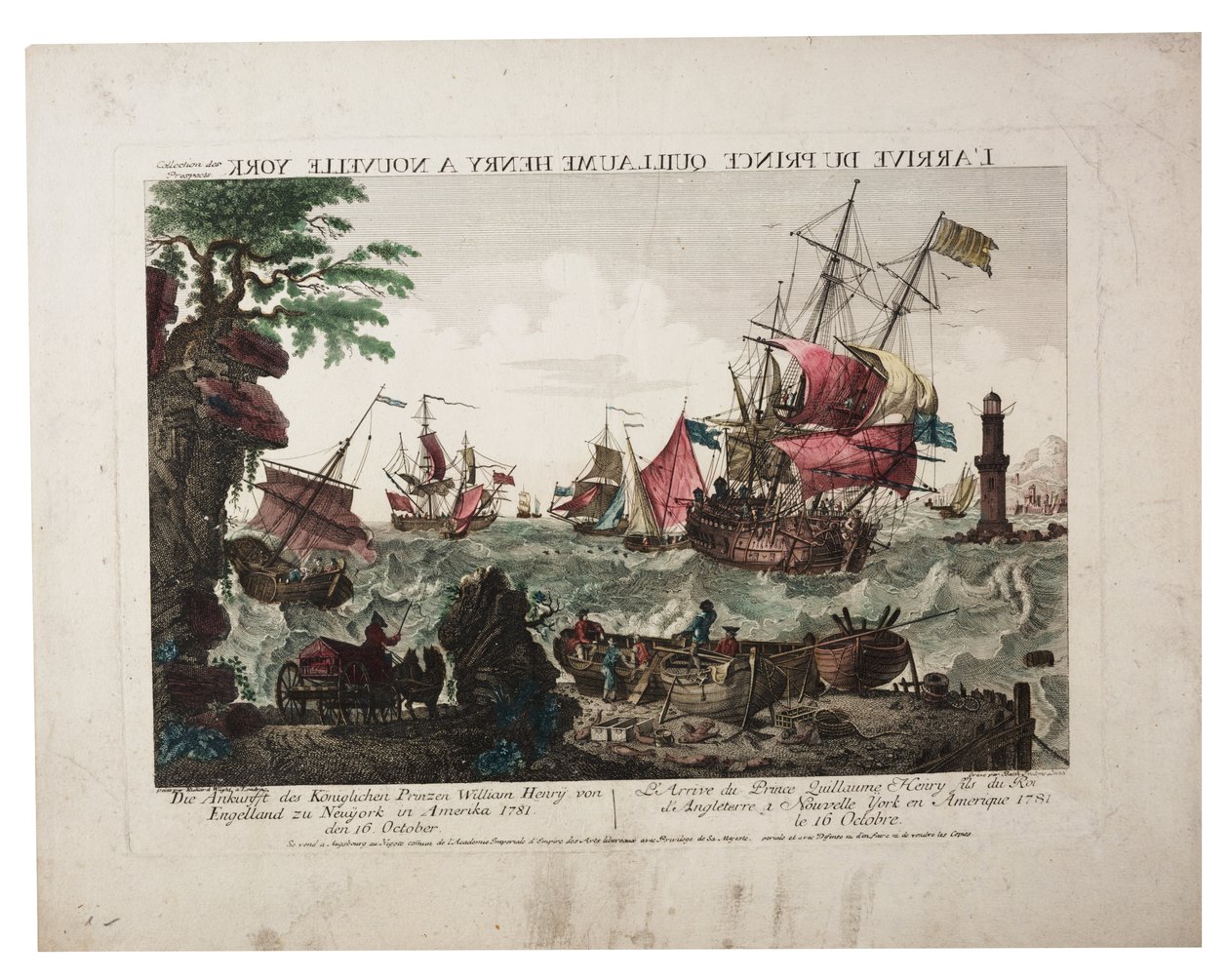 Vilmos Henrik herceg érkezése New Yorkba, 1781 körül (kézi színezésű metszet) alkotó: Balthasar Friedrich Leizel
