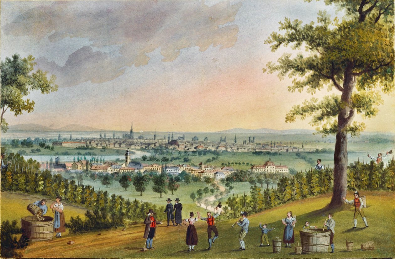 Szőlőszüreti fesztivál a Heiligenstadt feletti szőlőhegyen, Bécs fölött ... (gouache) alkotó: Balthasar Wigand