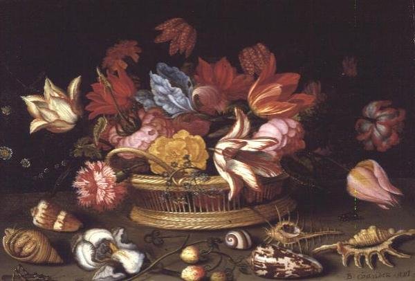 Virágkosár kagylókkal egy párkányon (olajpanel) alkotó: Balthasar van der Ast