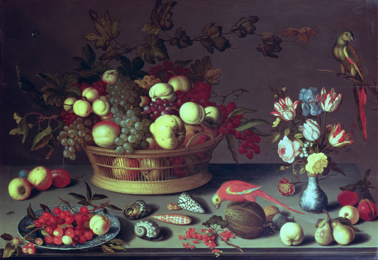 Egy kosár szőlő és más gyümölcs (olaj a panelen) alkotó: Balthasar van der Ast
