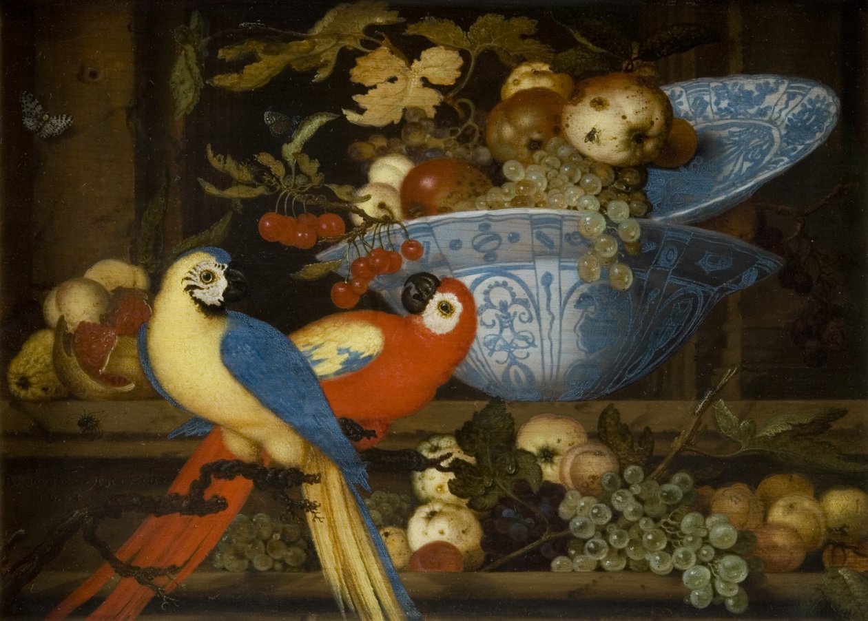 Gyümölcscsendélet két papagájjal alkotó: Balthasar van der Ast