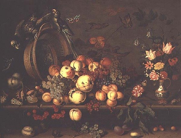 Csendélet gyümölcsökkel, virágokkal és papagájokkal, 1620-as évek eleje (tábla) alkotó: Balthasar van der Ast